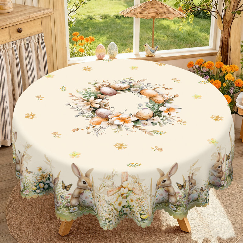 Rabbit Easter Egg Pattern Washable Polyester Tablecloth, 59.8" Round