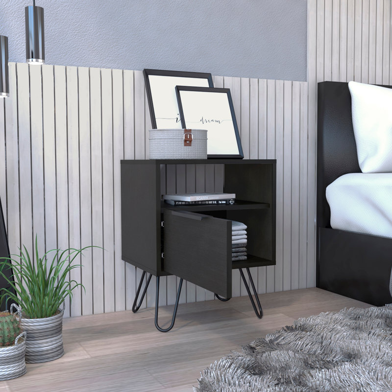 Nightstand 22"H, One Open Shelf, Single Door Cabient, Hairpin Legs, Black