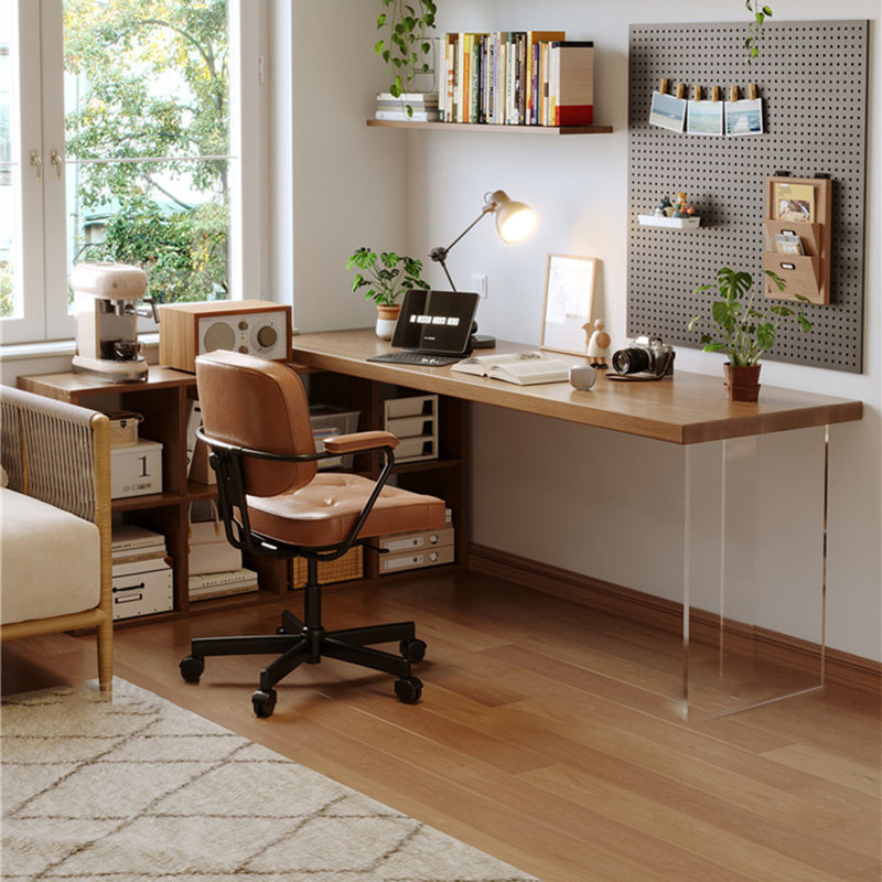 Bureau en bois massif en forme de L brun noyer + bureau en acrylique, H 29,53 po x l 62,99 po x P 55,12 po