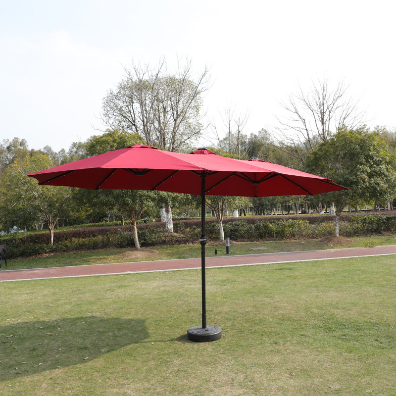 Parasol de marché pour terrasse simple rectangulaire double 15 x 9 pi avec lumière et base - rouge, Red