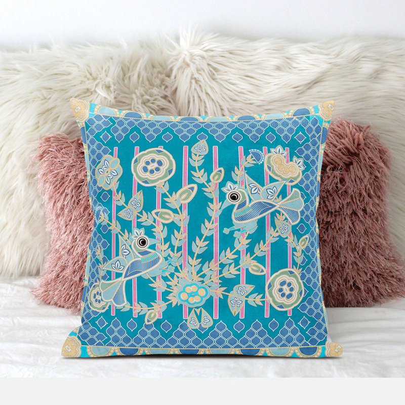 Floral Outdoor Reversible Throw Pillow, Blue/Gold/Green, 16" x 16"