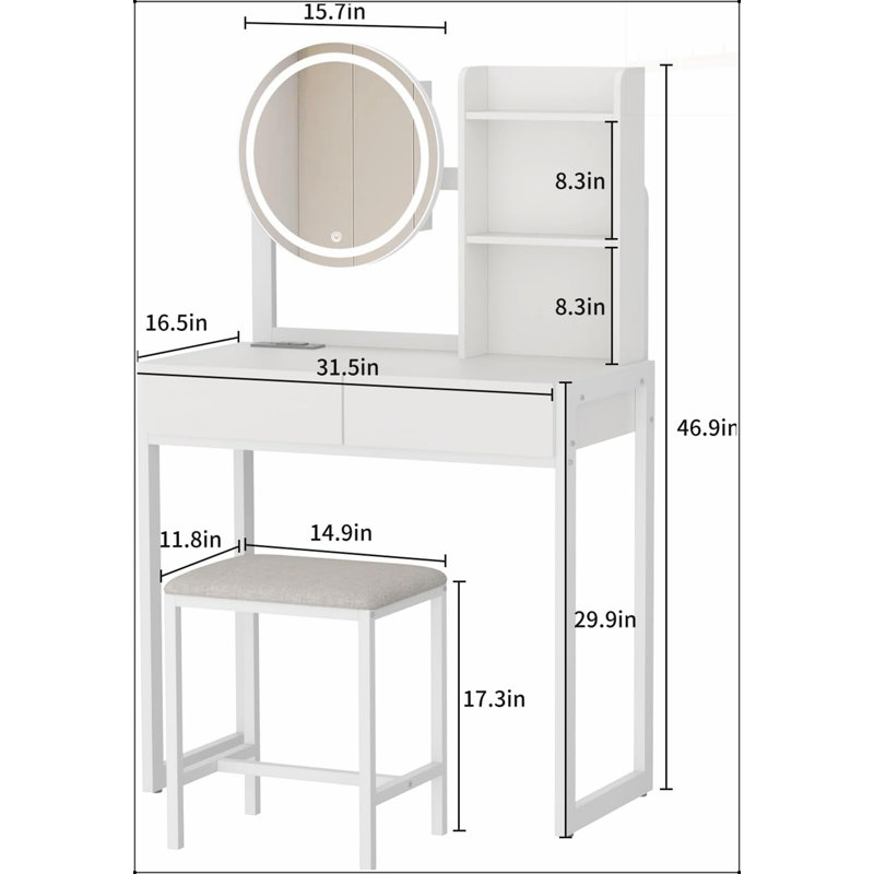 Meuble-lavabo compact avec miroir DEL, 3 modes d'éclairage, prise de courant, tiroir, tablettes et tabouret rembourré pour la chambre à coucher