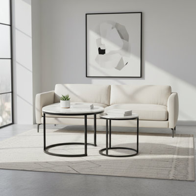 Ensemble de 2 tables basses gigognes à plateau de table rond avec cadre en métal robuste, centre de table, salon, chambre à coucher, appartement, table de chevet simple, industrielle
