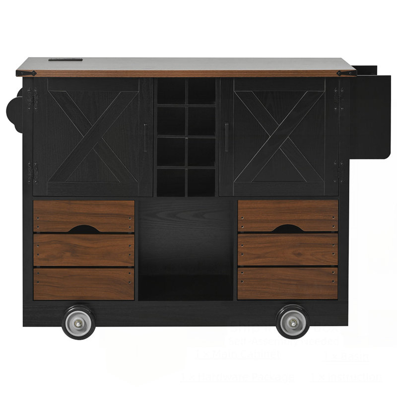 Îlot de cuisine de style campagnard avec abattant, prise de courant et beaucoup de rangement sur 4 grandes roues pour les cuisines rustiques modernes