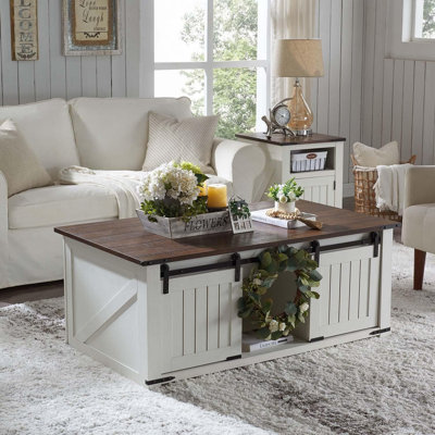 48"" Lift Top Coffee Table, Farmhouse Cocktai with Sliding Groove Barn Door, Rustic Wood Center Table w/Double Storage Spaces for Living Room, Dark Gre -  Gracie Oaks, F0C274966E564CCCA982224719AF1B55