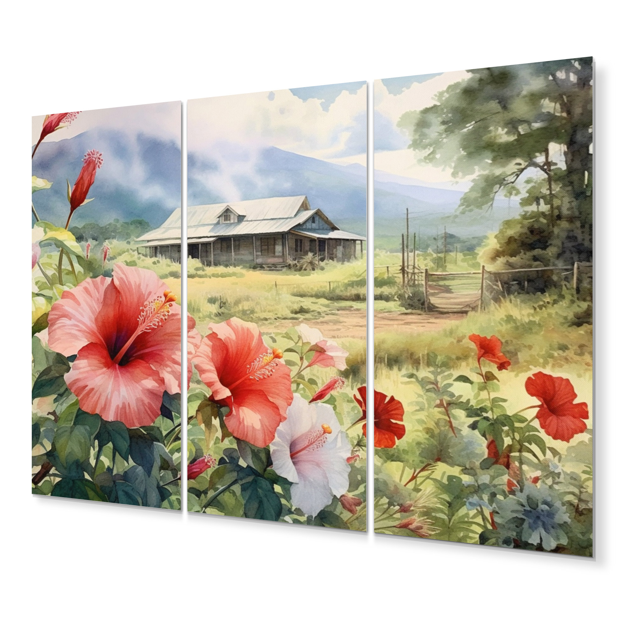 DesignArt Pink Green Hibiscus Harmony I - Floral Metal Wall Decor Set