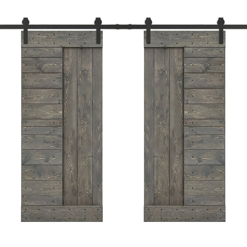 Porte de grange à panneaux et en bois avec quincaillerie d'installation, 48 po x 84 po, Gris patiné