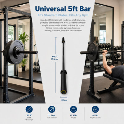 5ft Carbon Steel Barbell Bar 500 Lbs Capacity, International Games Weightlifting Bar with Knurled Grip & Gunmetal Finish