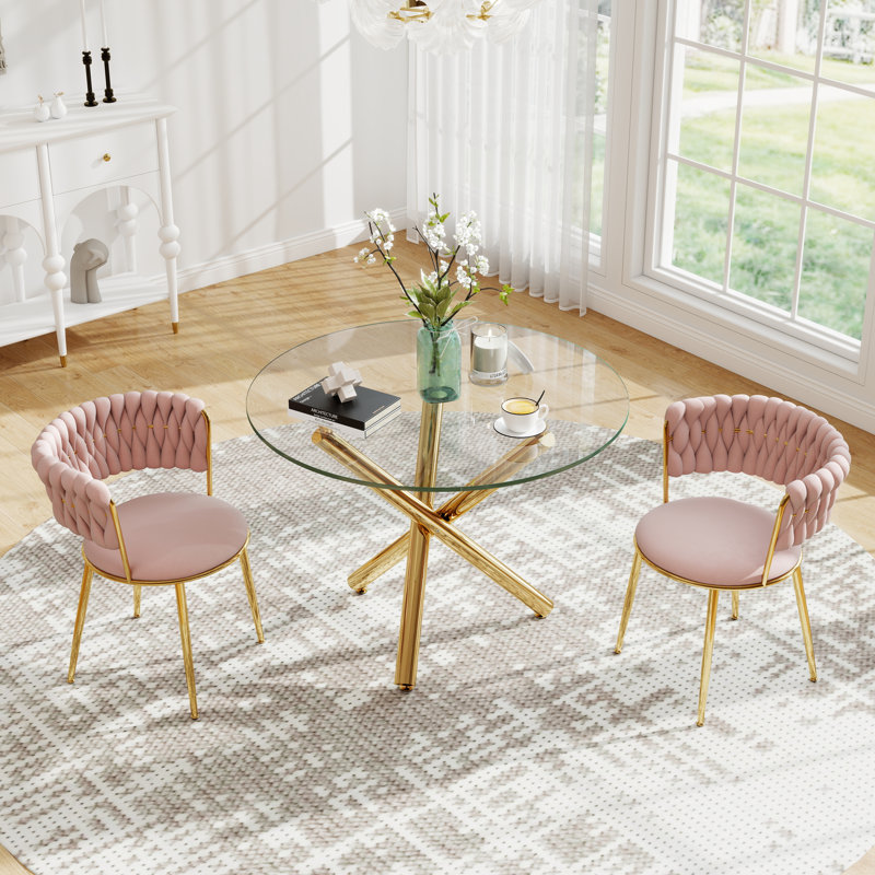 Modern Round Tempered Glass Pedestal Dining Set with Weaven Velvet Dininig Chair, 30" H x 36" W x 36" D, Pink/Gold, Gold