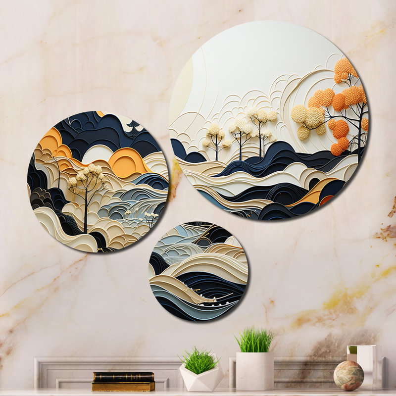 Grey Orange Line Art Landscape Abstract Wall Decor on Metal