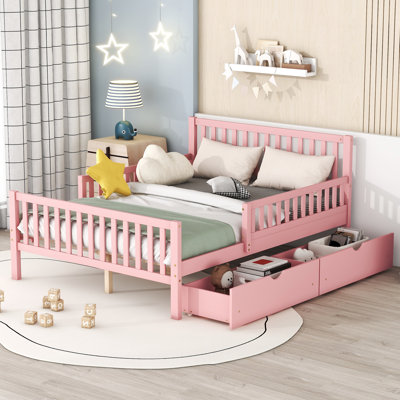 Lit plateforme double en bois avec garde-corps des deux côtés et deux tiroirs de rangement, rose
