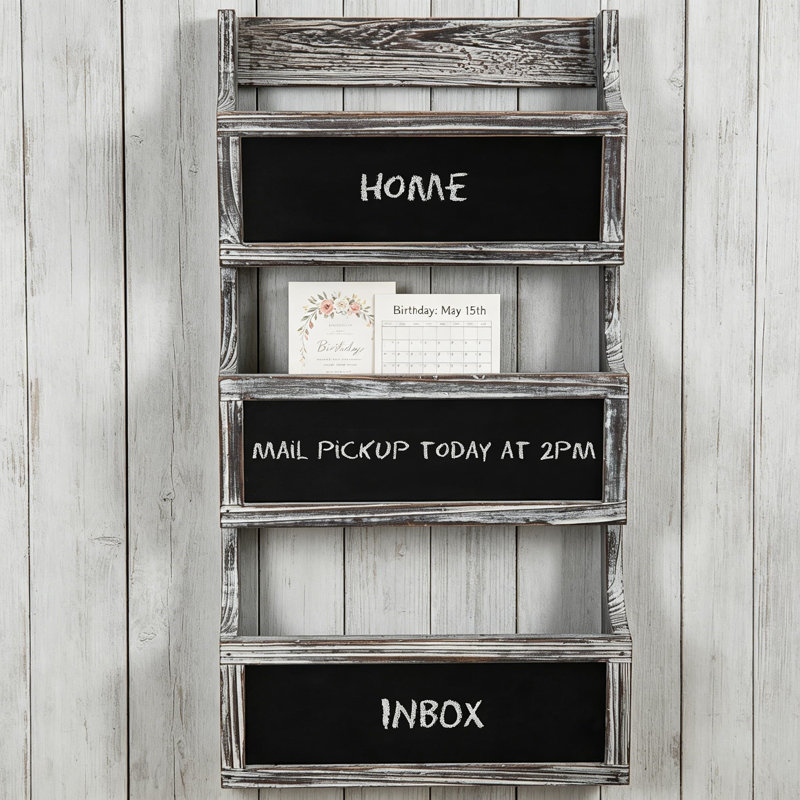 Porte-revues mural en bois massif et porte-courrier avec trois fentes et étiquettes pour tableau noir
