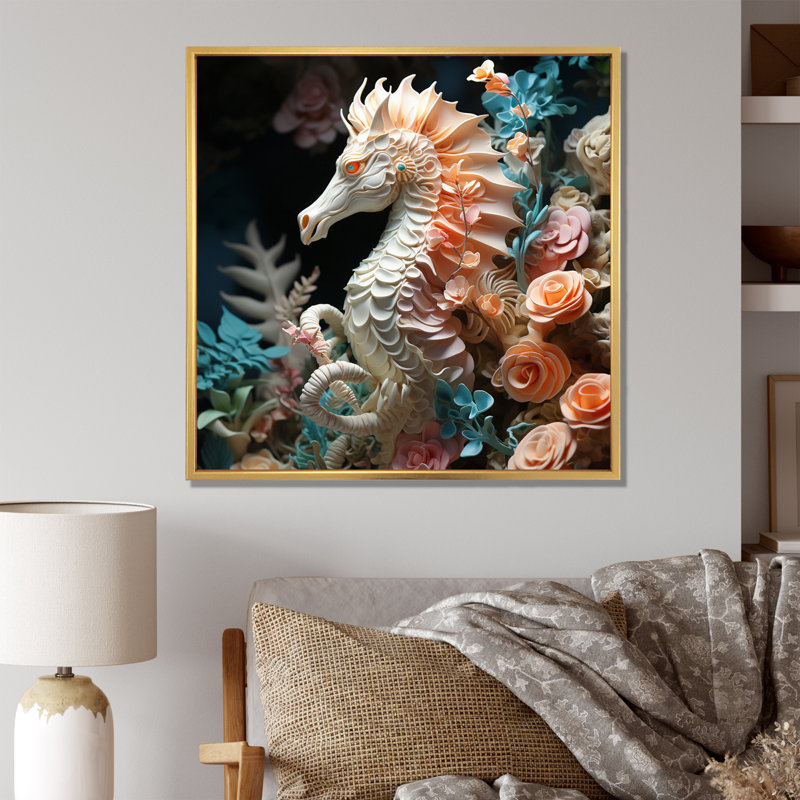 Hippocampe avec sanctuaire de fleurs - impression, Cadre flottant doré, H 30 po x l 30 po x P 1 po