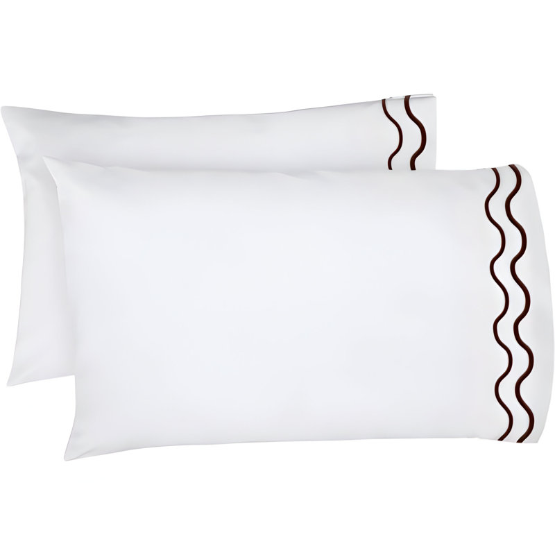 400TC Double Wavy Embroidered Cotton Pillowcases (Set Of 2), White/Chocolate, 20"H x 28"W