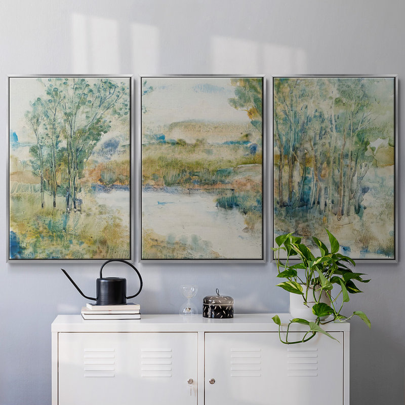 Trees on the Creek I - Toile encadrée multi-pièces, H 40 po x l 78 po x P 2 po, Argent