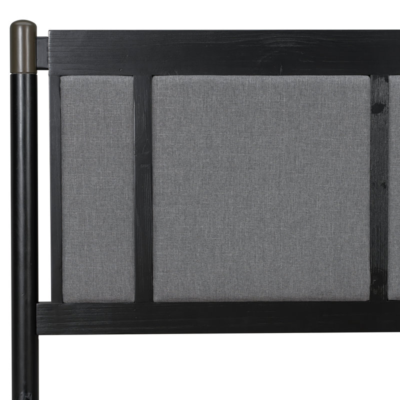 Grand lit en bois massif, support robuste de 500 lb, aucun sommier tapissier requis, tête de lit tapissier noire avec poignées en métal
