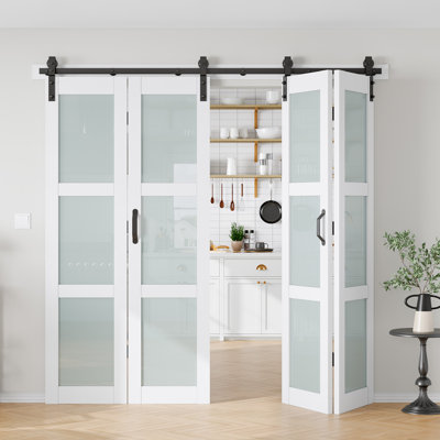 Porte de grange pliante en verre et en bois manufacturé massif avec trousse de quincaillerie d'installation