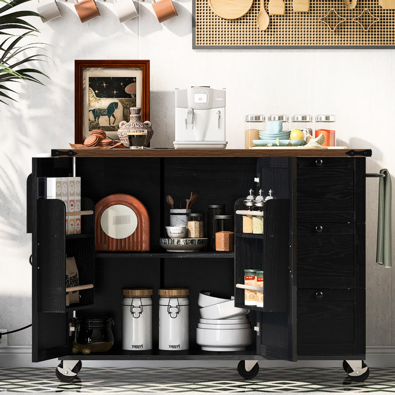 Kitchen Island Cart With Spice Rack And Lockable Wheels, 54.5" Black Rolling Deep Drawers Charging Station,, Black
