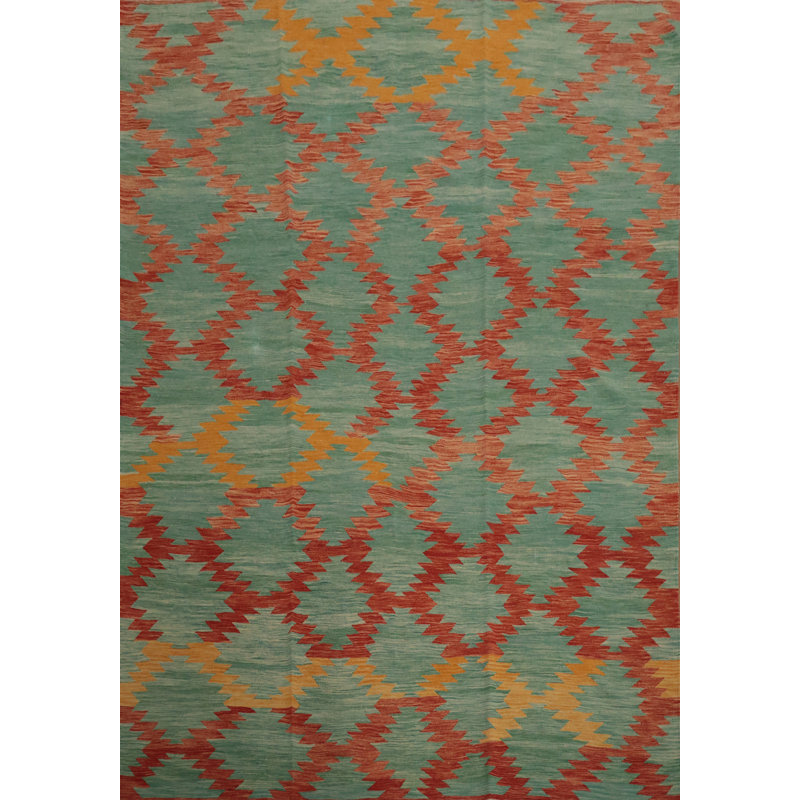 Tapis vert kilim en laine vert 8 x 10