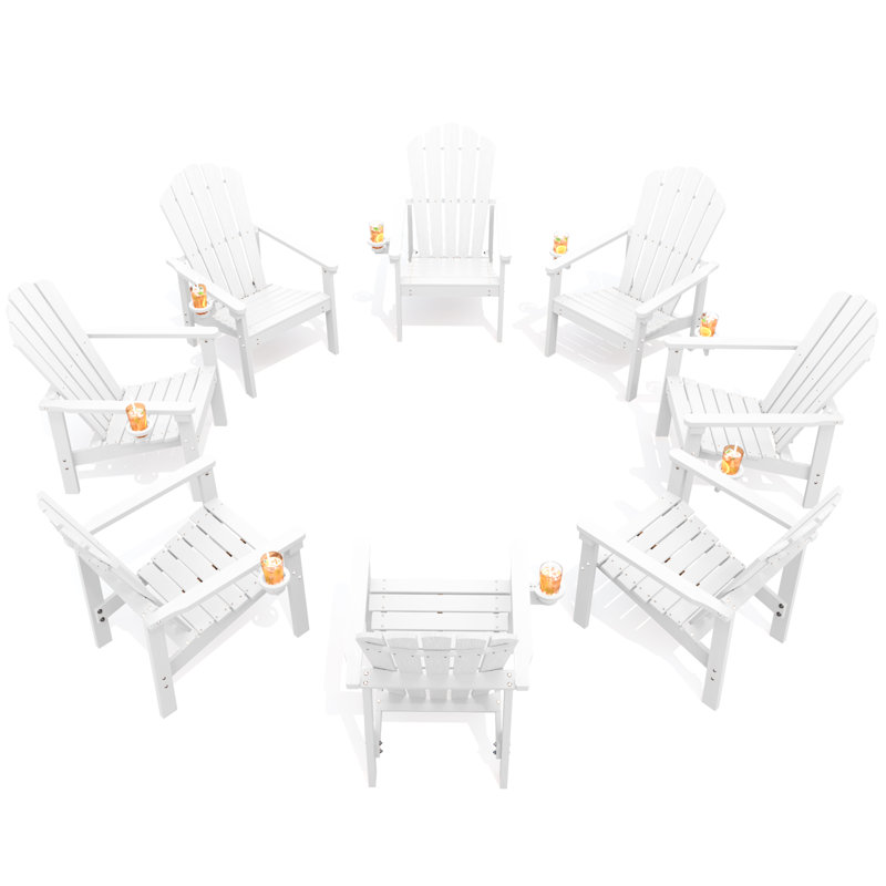 Dareona Pakkdiarie Set of 8 HDPE Stackable Adirondack Chairs with Cup Holders, All-Weather Outdoor Patio Chairs, White, 8