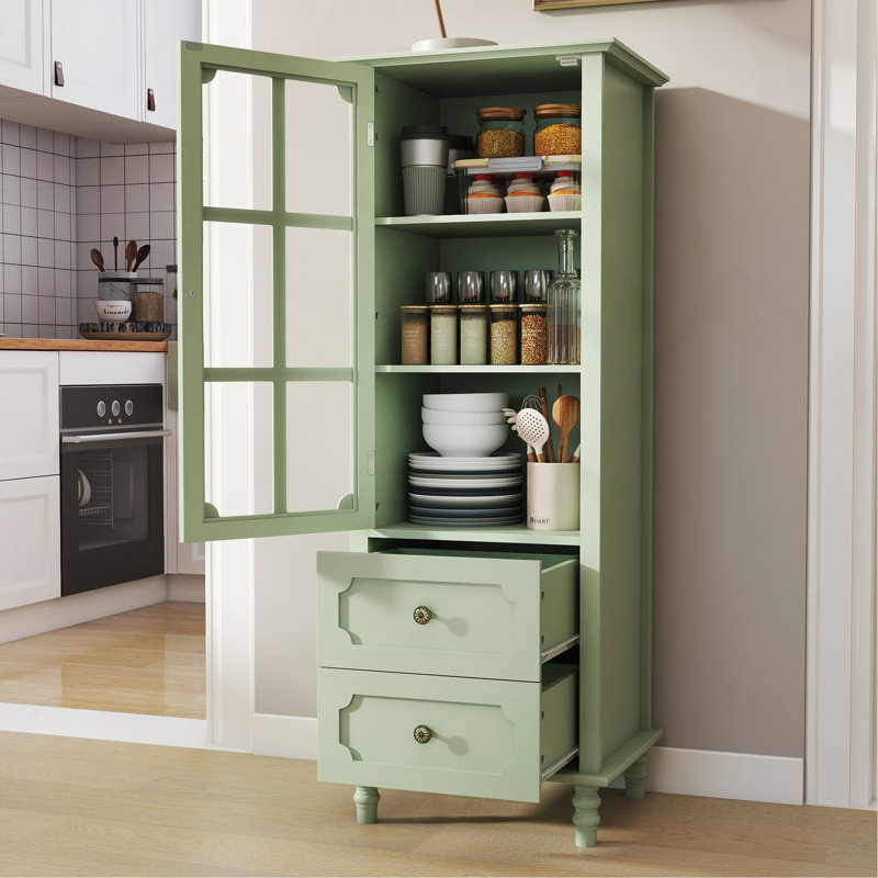 Minimalism Buffet Cabinet With Glass Doors And Double Drawer – Modern Wooden Storage Sideboard Cupboard For Living Room, Dining Room, Hallway Entryway, Mint Green