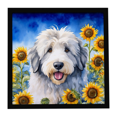 Old English Sheepdog in Sunflowers Framed Metal Print