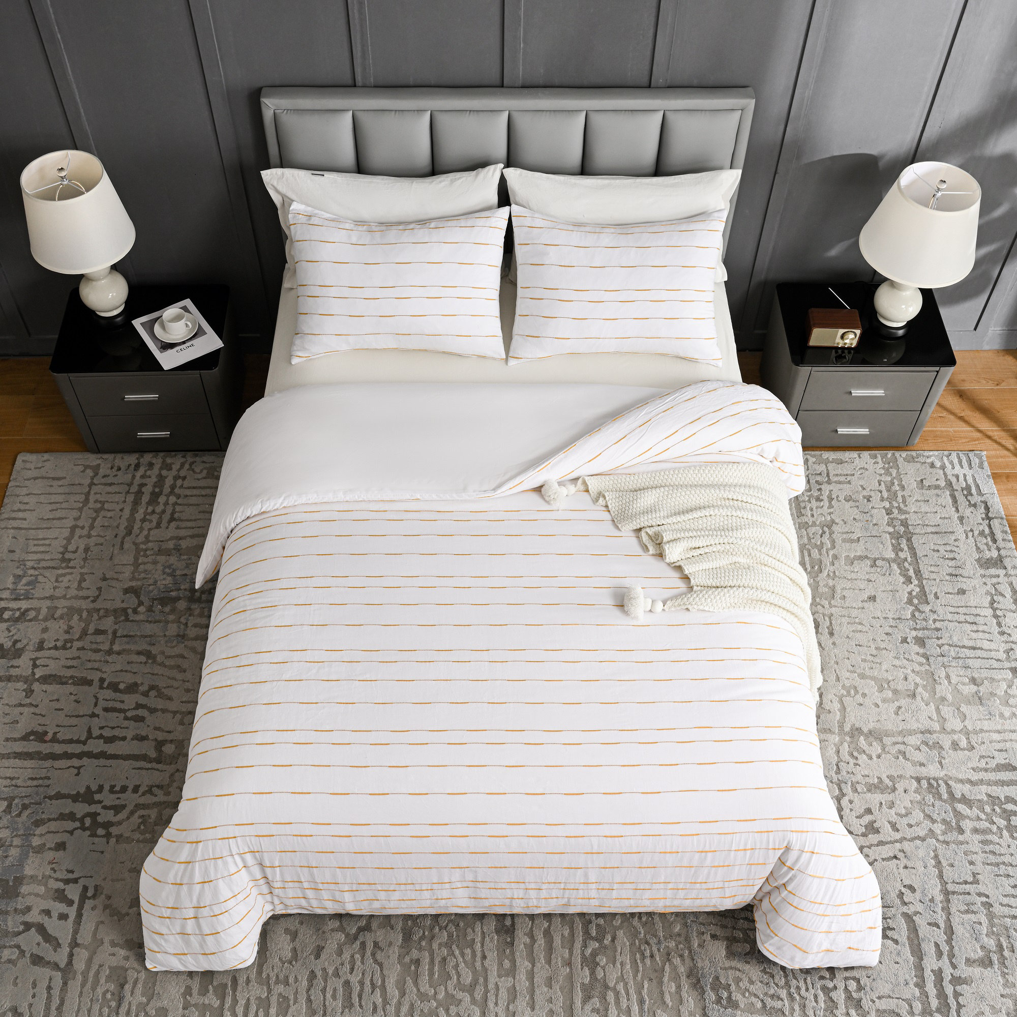 Zari Cotton Percale Duvet Cover Set, White/Yellow, Queen Duvet Cover + 2 Shams