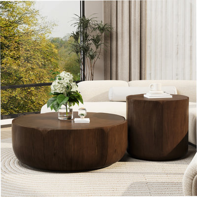 Ensemble de tables basses rondes pour l'intérieur et l'extérieur, ensemble de tables centrales à tambour en grain de bois moderne, imperméable robuste (sans oxyde de magnésium), table sans assemblage pour patio, jardin, cour, salon, brun (ensemble de 2)