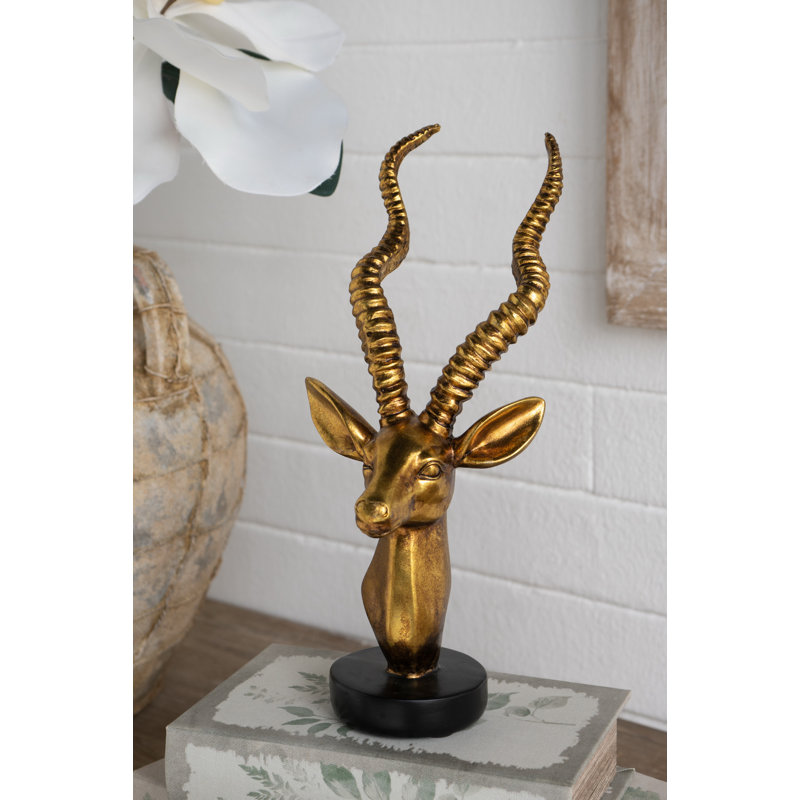 Sculpture d'antilope en résine dorée réaliste 5,5 x 5 x 12 po sur base noire