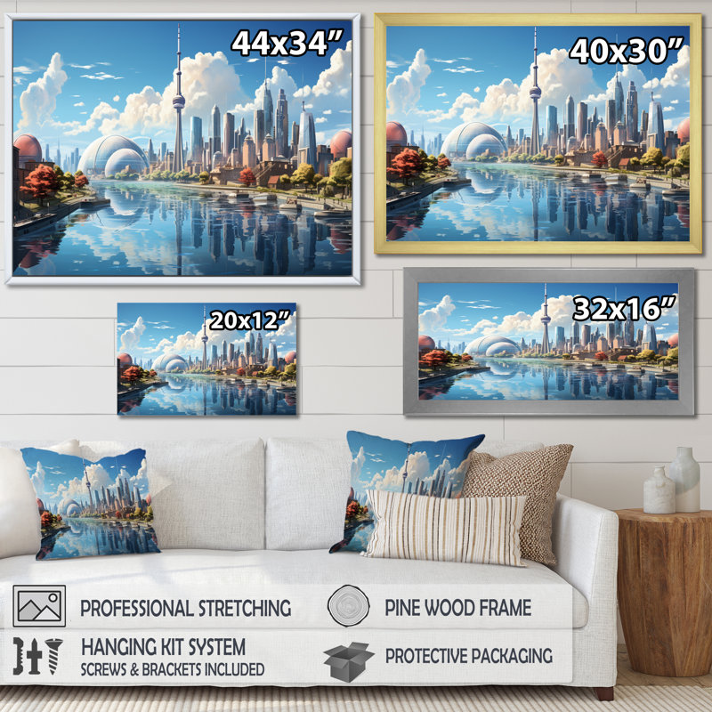 Toronto Skyline From The Water - City Toronto Wall Art Living Room, H 30 po x l 40 po x P 1,5 po, Cadre flottant noir