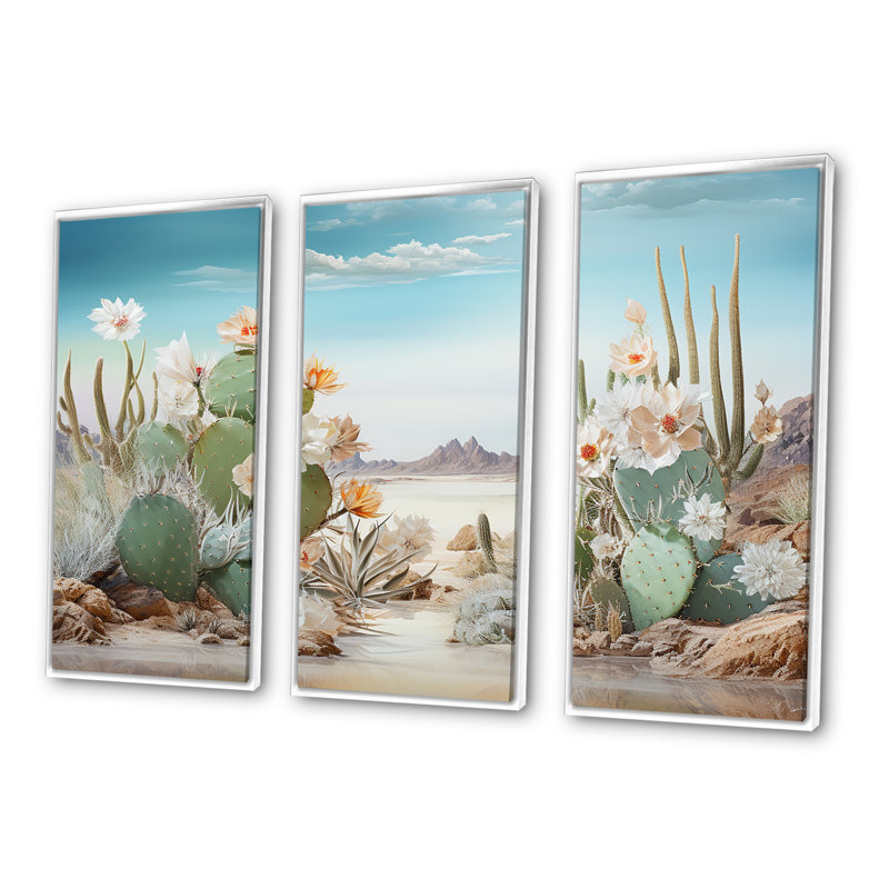 Collage cactus sur la plage - ensemble de décoration murale cactus floral, Cadre flottant blanc, H 40 po x l 60 po x P 1 po