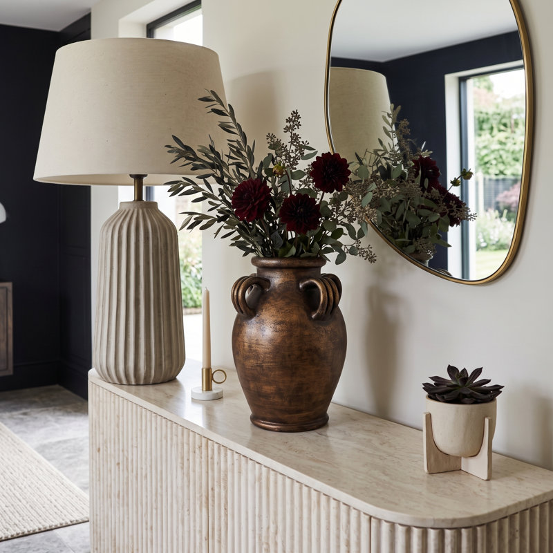 Vase de table en terre cuite Heritage avec poignées côtelées pour une décoration rustique - Grand vase urne à fleurs avec finition en céramique vieillie pour la décoration du salon
