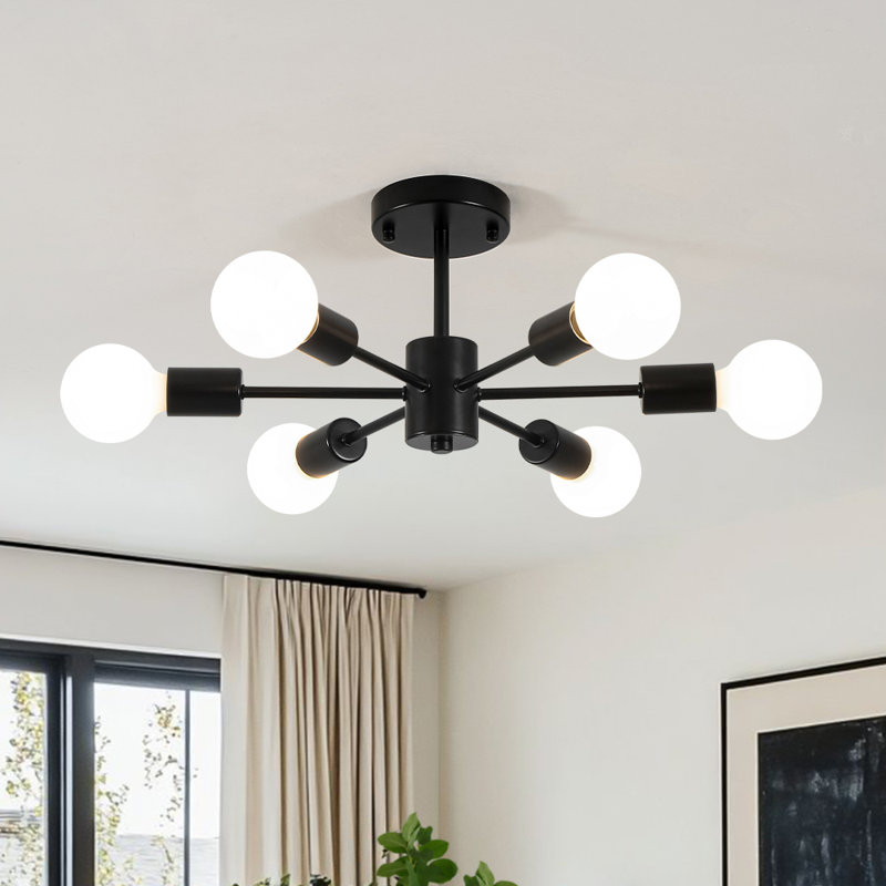 Mid-Century Modern 6-Light Iron Sputnik Semi Flush Mount Ceiling Light, Matte Black