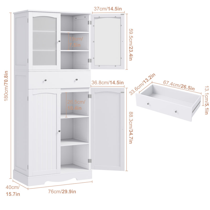 White 70.8'' Wooden Bathroom Cabinet with Glass Doors and Drawer