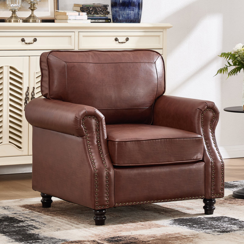 Upholstered Accent Chair Faux Leather Rolled Armchair, Dark Coffee