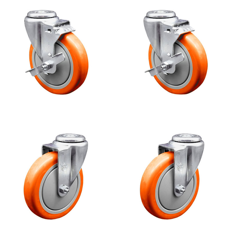 5 Inch SS Yellow Polyurethane Wheel Swivel Bolt Hole Caster Set with 2 Brake SCC, Orange