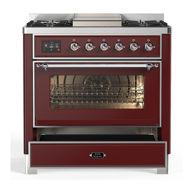 Majestic III Series 36 Inch Dual Fuel Range with 6 Sealed Burners, Griddle, in Burgundy (Liquid Propane, Chrome Trim), Chrome