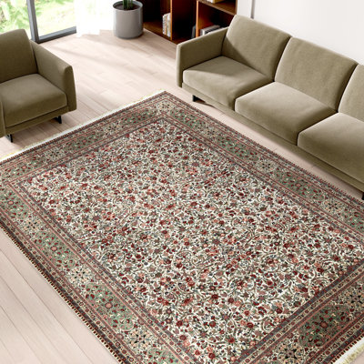 Tapis ivoire et vert noué à la main de haute qualité