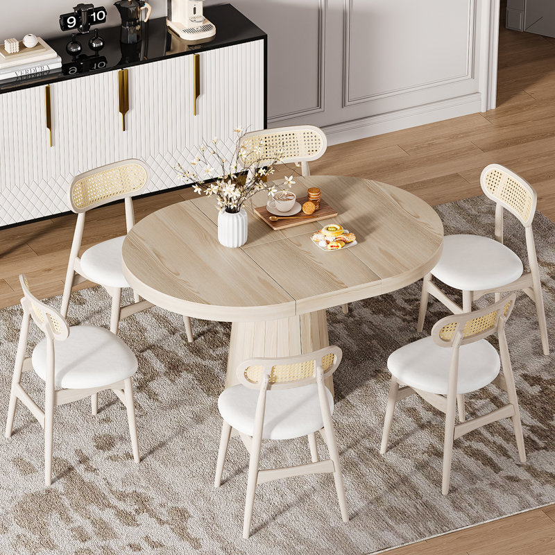 Tailings Oval 39"-55" Round Pedestal Dining Table Wood Extendable Dining Room Table for 4 to 6 Japandi Oval Kitchen Table