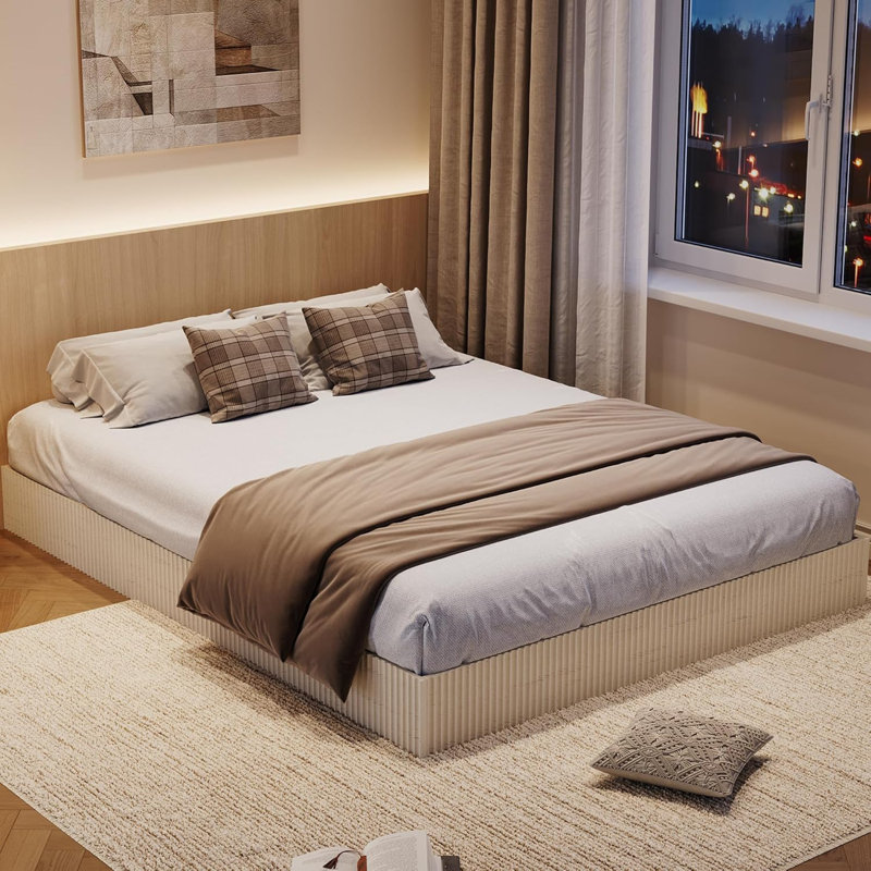 Base de lit en bois, lit plateforme en bois avec design cannelé, base de lit avec support d'étude, aucun sommier tapissier requis