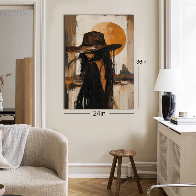 Reproduction d'art mural sur toile, Western Cowgirl Portrait Desert Mesa Big Sun texturé goutte à goutte, peinture murale rustique neutre