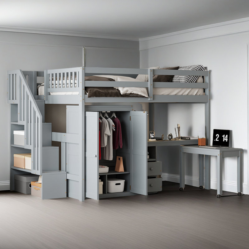 Lit mezzanine avec escalier, Gris, Lit double
