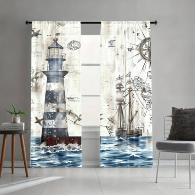 2PCS Nautical Lighthouse Sailboat Compass Vintage Map Pattern Light Filtering Curtains, Coastal Home Decor, Easy Hang Rod Pocket, All-Season Window Treatments for Living Room, Bedroom, Dormitory, Study