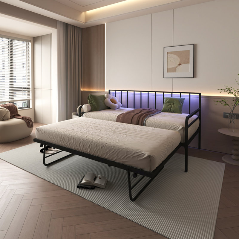 Twin Metal Daybed with Trundle, RGB LED Lights, USB Charging, Adjustable Frame, Multifunctional Sofa Bed, Black