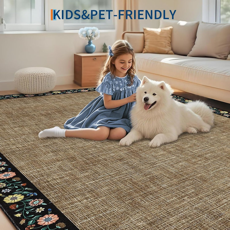 Modern Bordered Runner Rug 2x6 – Washable Non-Slip Low-Pile Carpet for Hallway, Kitchen, Bedroom, Bathroom, or Laundry Room, Soft Floral Print, Beige