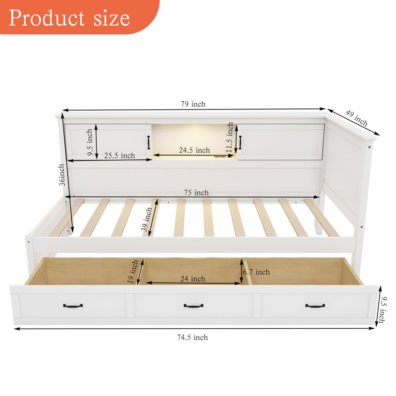 L-Shaped Corner Bed Frame With Drawer, Bookcase, Led Downlight And USB Port For Small Room,Bedroom, Guest Room, Twin