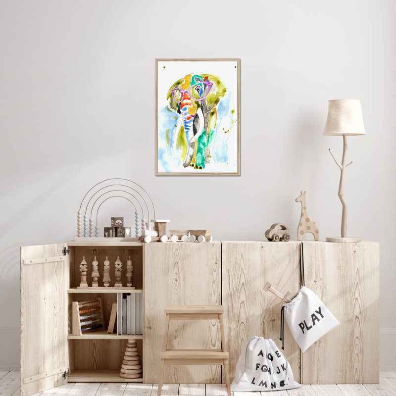 Smarty-Pants Elephant by Jennifer Goldberger - Painting, 80cm H x 55cm W, Natural Wood Framed Paper Print