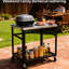 Chariot de barbecue extérieur à 2 niveaux avec plateau en acier inoxydable, roulettes verrouillables, crochets à outils, tablette en filet, table de préparation à barbecue mobile pour patio, cour arrière, support à four à pizza, noir, grande rouille de rangement, pratique