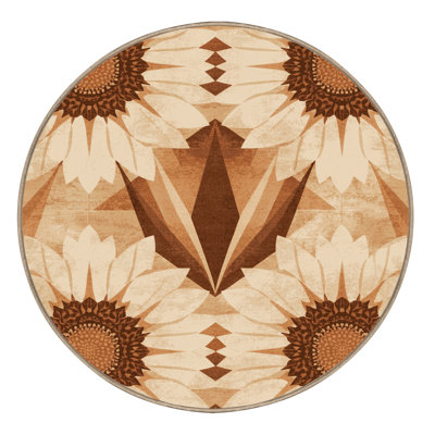 Machine Washable Ortencia Sunflower Farmhouse / Country Geometric Shapes Rug in Beige – Beige Binding