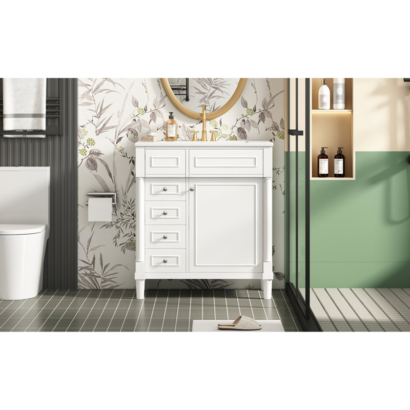 Meuble-lavabo de 30 pouces avec lavabo, 2 tiroirs et porte Warrick - Conception fonctionnelle, construction en bois massif, rails de tiroir lisses, lavabo, meuble de rangement autoportant de style moderne 30 po
